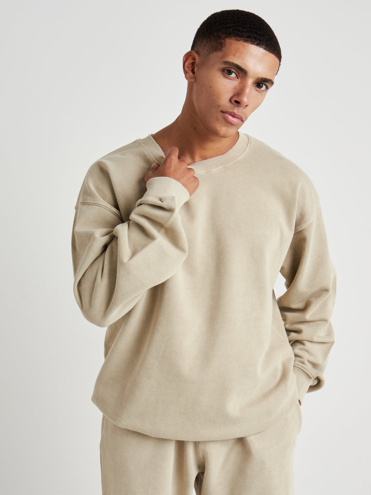 Washed Crew Neck Sweatshirt - Natural Khaki Wash-3
