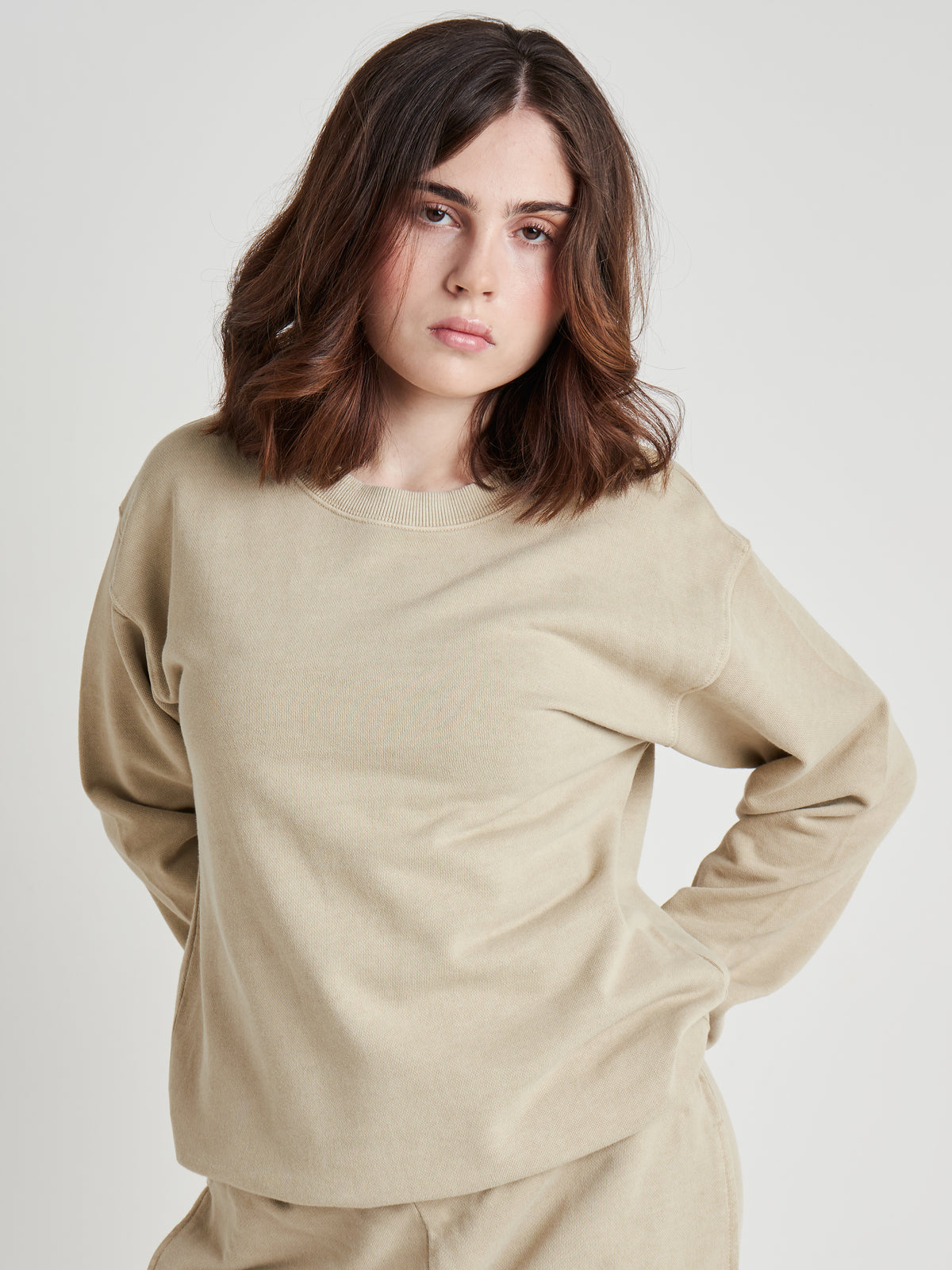 Washed Crew Neck Sweatshirt - Natural Khaki Wash-2